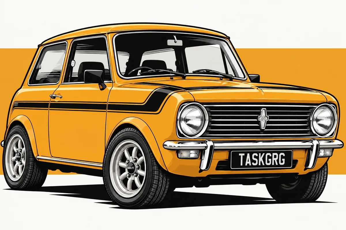 Illustration of a yellow classic Mini Clubman with a TASKGRG number plate